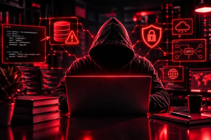 ai-hacking-code-security-red-theme اگر کد یک سایت را به هوش مصنوعی بدهیم، چه چیزهایی لو میرود؟
